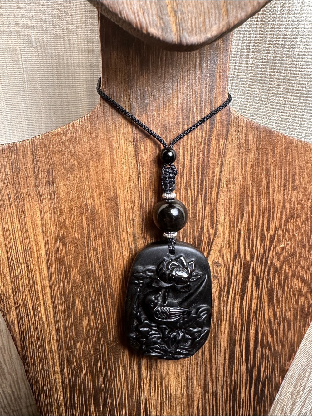 Obsidian Bird and Lotus Carving Pendant Necklace on Black Adjustable Rope